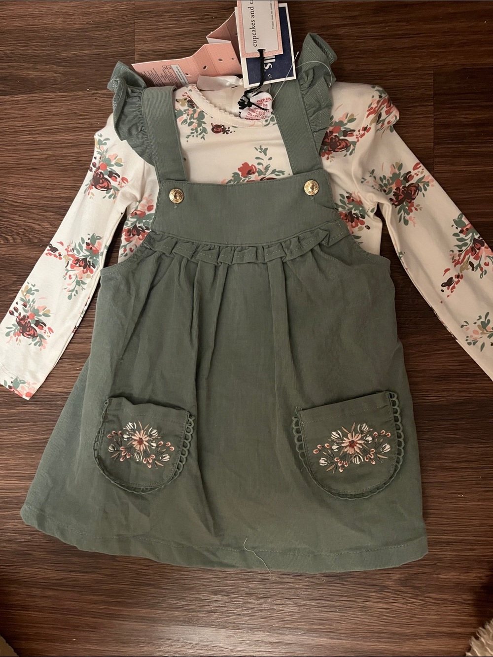 Green Pinafore Dress with Floral Embroidery and Long Sleeve Floral Tee